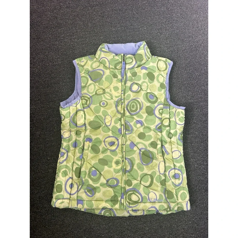 LL Bean Goode Down Puffer Vest Geometric Green Girls Size Medium Outdoors Hiking